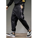Men's New Fashion Contrast Stripe Side Black Drawstring Waist Loose Fit Casual Jeans