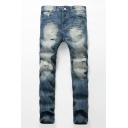 Men's New Fashion Cool Distressed Ripped Vintage Light Blue Washed Jeans