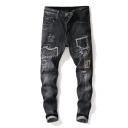 Men's New Fashion Embroidered Patch Black Trendy Frayed Ripped Jeans