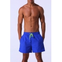 Mens Neon Blue Nylon Quick Dry Drawstring Short Solid Sports Swim Trunks Blue with Liner