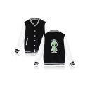 Funny Alien Letter I Don't Believe In Humans Printed Rib Stand Collar Button Down Baseball Jacket