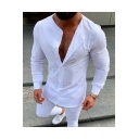 Mens New Trendy Basic Solid Color Long Sleeve Button Down Slim Fitted Casual Sports Linen Shirt