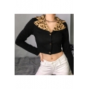 Leopard Print Notched Lapel Collar Button Front Long Sleeve Cropped Black Sweatshirt
