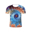 New Arrival Vintage Floral Pattern Round Neck Short Sleeve Blue Casual T-Shirt