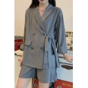 Notched Lapel Collar Tied Waist Double Breasted Leisure Side Pocket Blazer Coat