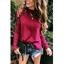 Fashion Sexy Mesh Simple Plain Long Sleeve Round Neck Lace Patch Casual Loose T-Shirt