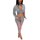 Womens Pub Style Grey Sequined Collared Neck Long Sleeve Crop Tops Zipper Fly Slim Pants Co-ords
