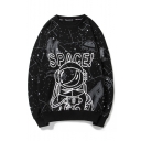 Hot Trendy Space Astronaut Printed Round Neck Long Sleeve Black Pullover Sweatshirts