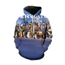 Trendy Comic Figure Printed Long sleeve Blue Drawstring Pullover Hoodie