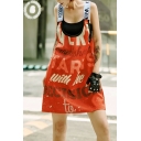 Womens New Trend Hip-Hop Scoop Neck Sleeveless Letter Print Orange Midi Cami Shift Dress