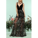Womens Sexy V-Neck Sleeveless Panelled Floral Embroidery Print Backless Black Cami A-Line Maxi Dress