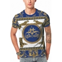 Vintage Court Style Mens Short Sleeve Round Neck Leopard Printed Pullover T-Shirt