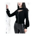 Womens Hot Stylish Long Sleeve Zip Front Cutout Slim Fit Cropped Hoodie
