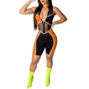 Womens Fashion Sleeveless Colorblock Sheer Mesh Patch Zipper Up Skinny Fitted Rompers