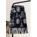 Trendy Black High Waist Printed Fringe Hem Midi Knitted Pencil Skirt