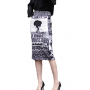 Stylish High Waist Slit Back Letter Printed Stretch Slim Fit Midi Knitted Pencil Skirt