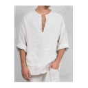 Mens Stylish Long Sleeve Henley Neck Casual Loose Cotton Mens Shirt
