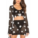 Womens Fancy Floral Embroidery Hollow Out Black Knitted Mini Skirt
