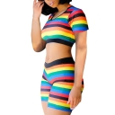 Stylish Rainbow Stripe Printed Short Sleeve Crop Tee with Skinny Shorts Two-Piece Set