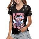 Black V Neck Short Sleeve ANIME TRASH Letter Star Cartoon Figure Printed Chic T Shirt