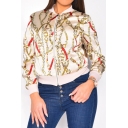 Stylish Beige Chain Printed Stand Collar Long Sleeve Zip Up Jacket for Women