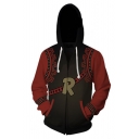 Letter R 3D Printed Colorblocked Black and Red Long Sleeve Loose Fitted Zip Up Drawstring Hoodie
