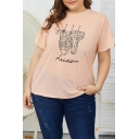 New Stylish Shoes Letter Pattern Round Neck Short Sleeve Loose Casual Pink T-Shirt