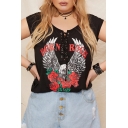 Summer Hot Stylish Letter BORN ROGH Wing Floral Print Sleeveless Round Neck Tie-Front Black Tank Tee