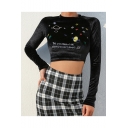 New Fashion Funny Embroidery Plant Letter Printed Long Sleeve Round Neck Black Cropped Tee