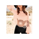 New Stylish Round Neck Long Sleeve Lace Patched Plain Cropped Tee