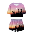 Trendy BTS Idol 3D Print Patterns Short Sleeve Cropped T-Shirt with Dolphins Shorts Two Piece Set