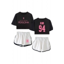 Trendy 94 Letters Print Patterns Short Sleeve Crop T-Shirt with Dolphin Shorts Co-ords for Girls