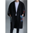 Mens New Arrival Chinese Style Long Sleeve Print Open Front Black Long Coat