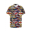 New Trendy Street Style Letter BOOM ZAAAP Pattern Mens Basic Short Sleeve Button Up Beach Shirt