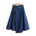 Fashion Adjustable Tied Waist Denim Dark Blue A-Line Mini Skirt