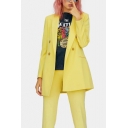 Simple Lapel Collar Double-Button Bright Yellow Solid Color Blazer with Pocket