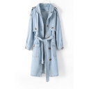 Women's New Popular Tied Waist Color-Blocked Button Embellished Denim Long Trench Coat