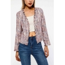 Stylish Collarless Open Front Fringe-Trimmed Long Sleeve Pink Cropped Jacket for Women