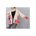 Ladies Campus Style Cat Patchwork Print Loose Long Sleeve Open Front Cardigan Coat