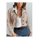 Plain Corduroy Lapel Collar Single Breasted Cropped Shearling Jacket Coat