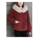 Simple Zippered Long Sleeves Fur-Trimmed Hood Faux Fur Coat with Pockets