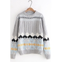 Womens Casual Tribal Print Cable Knit Round Neck Long Sleeve Laid Back Sweater