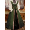 Women's Medieval Retro Renaissance Cosplay  Costumes Square Neck Long Sleeve Two-Piece Maxi A-Line Dress