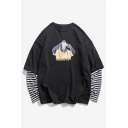 Trendy Letter SAD BOY Figure Printed Contrast Striped Long Sleeve Fake Two-Piece Unisex Casual Sweatshirt