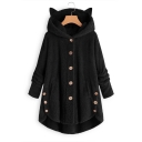 Adorable Long Sleeve Button Front  High Low Hem Fluffy Faux Fur Zip-up Coat with Cat Ear Hood