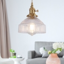 Industrial-Style Brass Hanging Lamp 1-Light Cord Pendant with Clear Ribbed Glass Shade