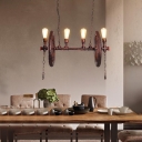 Wheel Island Pendant Aged Iron 4 Lights Island Light Fixture with Pipe in Rust for Dining Room