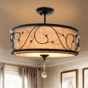 Industrial Drum Semi Flush Light Fabric Shade and Metal Frame Semi Flushmount with Crystal Ball