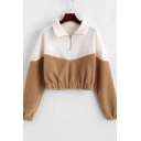 Half-Zip Stand Collar Color Block Long Sleeve Fluffy Apricot Cropped Sweatshirt