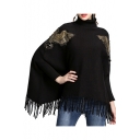 Womens Cool Bats Print Tassel Hem Roll Neck Long Sleeve Cape Sweater